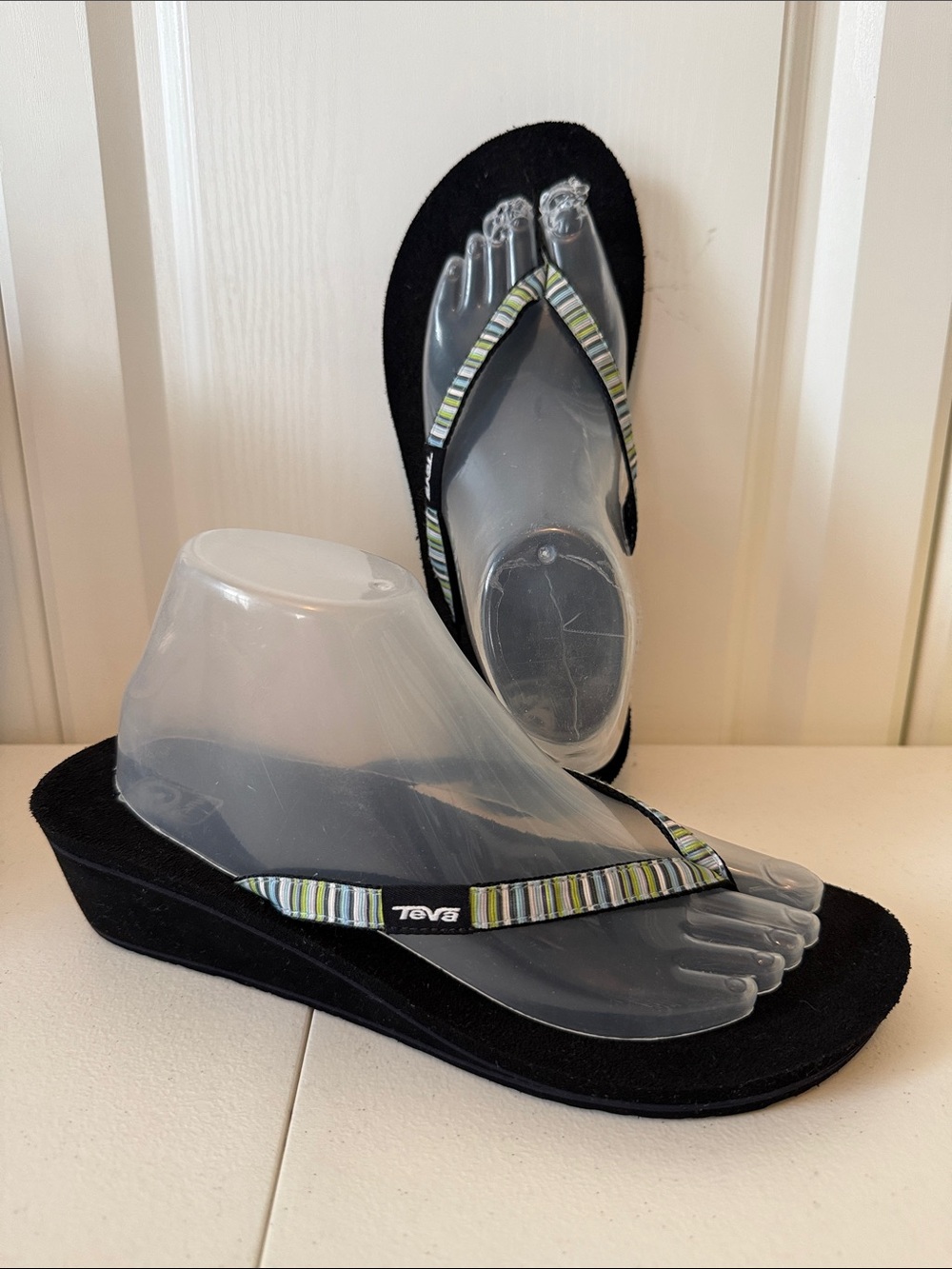 Teva Women's 1-3/4” Wedge Heel Sandals with Green-Striped Straps ( sz 10)